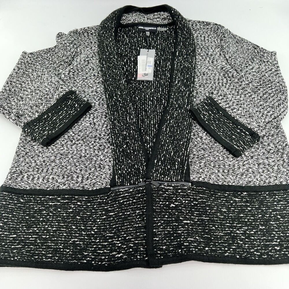 Karl Lagerfeld Cardigan Size XS Black White Open Boucle Knit Zip Accent NWT